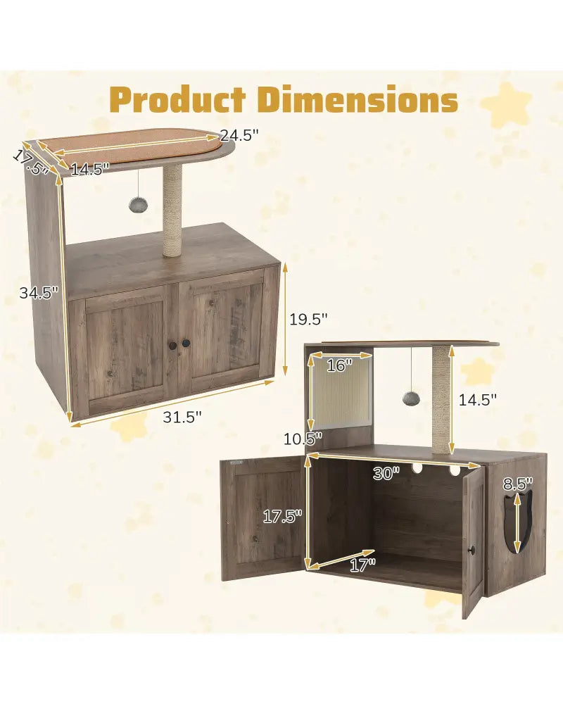 34.5 Inch Cat Tree with Litter Box Enclosure with Sisal Scratching Post and Mat-Gray - Gray - Cat Trees Condos &