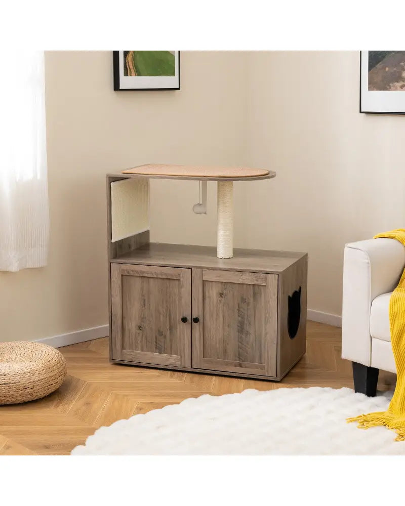 34.5 Inch Cat Tree with Litter Box Enclosure with Sisal Scratching Post and Mat-Gray - Gray - Cat Trees Condos &