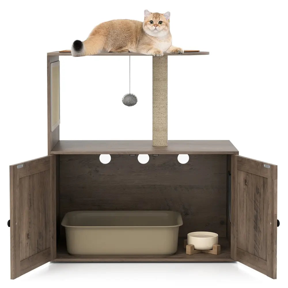 34.5 Inch Cat Tree with Litter Box Enclosure with Sisal Scratching Post and Mat-Gray - Gray - Cat Trees Condos &
