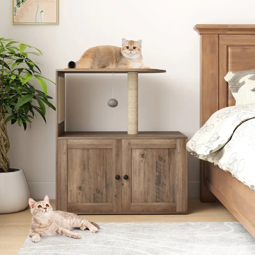 34.5 Inch Cat Tree with Litter Box Enclosure with Sisal Scratching Post and Mat-Gray - Gray - Cat Trees Condos &