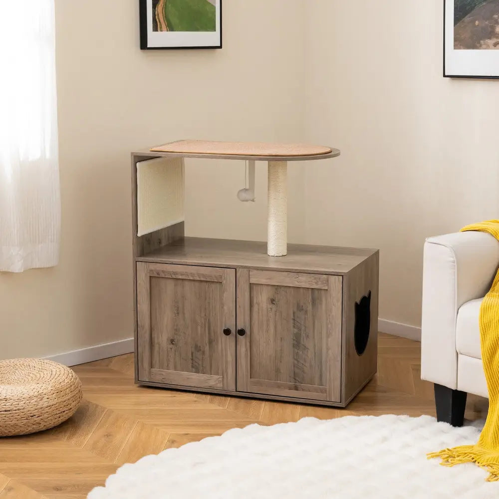 34.5 Inch Cat Tree with Litter Box Enclosure with Sisal Scratching Post and Mat-Gray - Gray - Cat Trees Condos &