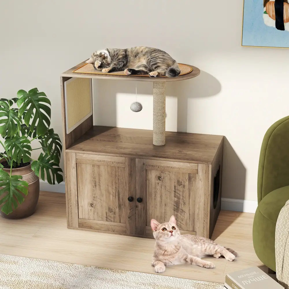 34.5 Inch Cat Tree with Litter Box Enclosure with Sisal Scratching Post and Mat-Gray - Gray - Cat Trees Condos &