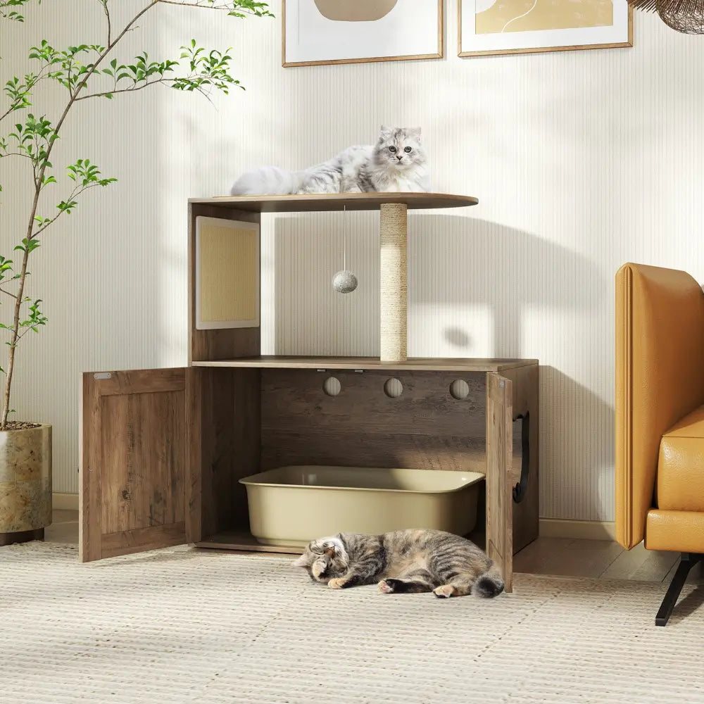 34.5 Inch Cat Tree with Litter Box Enclosure with Sisal Scratching Post and Mat-Gray - Gray - Cat Trees Condos &
