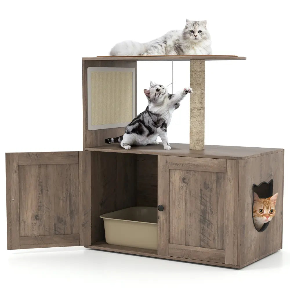 34.5 Inch Cat Tree with Litter Box Enclosure with Sisal Scratching Post and Mat-Gray - Gray - Cat Trees Condos &