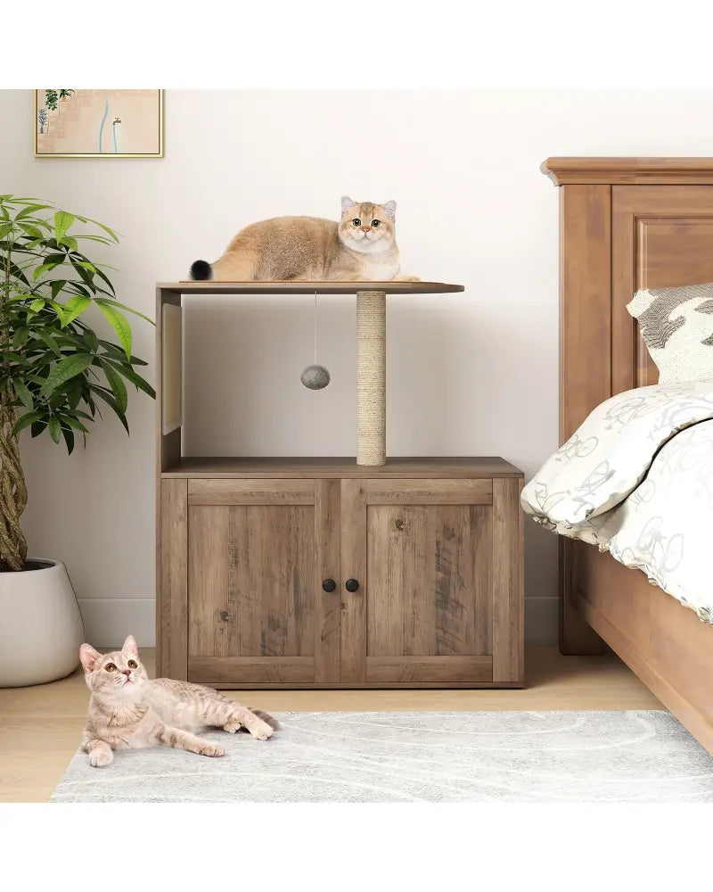 34.5 Inch Cat Tree with Litter Box Enclosure with Sisal Scratching Post and Mat-Gray - Gray - Cat Trees Condos &