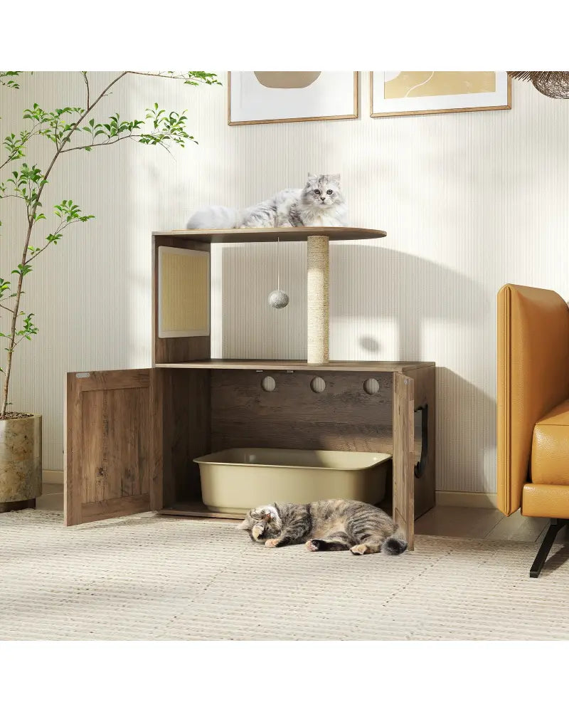 34.5 Inch Cat Tree with Litter Box Enclosure with Sisal Scratching Post and Mat-Gray - Gray - Cat Trees Condos &