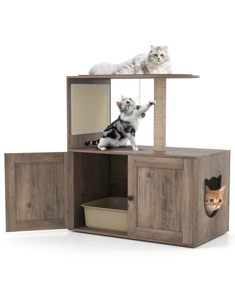 34.5 Inch Cat Tree with Litter Box Enclosure with Sisal Scratching Post and Mat-Gray - Gray - Cat Trees Condos &