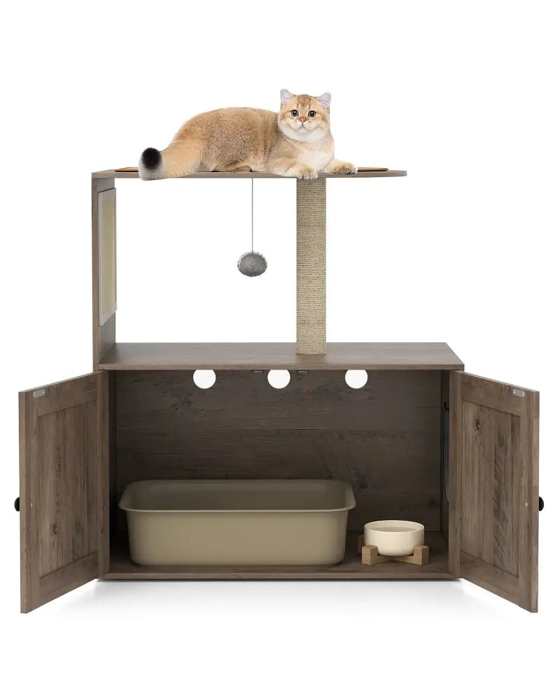 34.5 Inch Cat Tree with Litter Box Enclosure with Sisal Scratching Post and Mat-Gray - Gray - Cat Trees Condos &