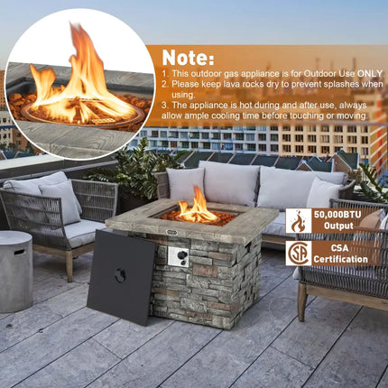 34.5 Inch Square Propane Gas Fire Pit Table with Lava Rock and PVC Cover-Gray - Gray - Fire Pit Tables