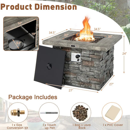 34.5 Inch Square Propane Gas Fire Pit Table with Lava Rock and PVC Cover-Gray - Gray - Fire Pit Tables