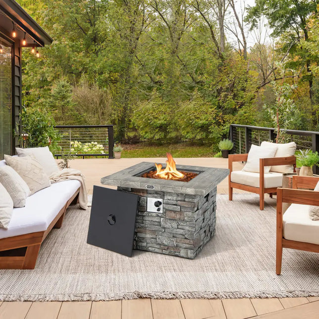34.5 Inch Square Propane Gas Fire Pit Table with Lava Rock and PVC Cover-Gray - Gray - Fire Pit Tables