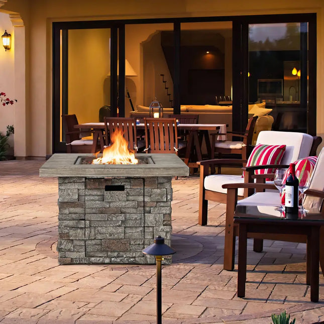 34.5 Inch Square Propane Gas Fire Pit Table with Lava Rock and PVC Cover-Gray - Gray - Fire Pit Tables