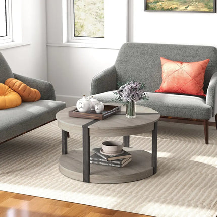 34.5" Rubber Wood 2-Tier Round Center Table with Spacious Tabletop and Storage Shelf-Gray Costway