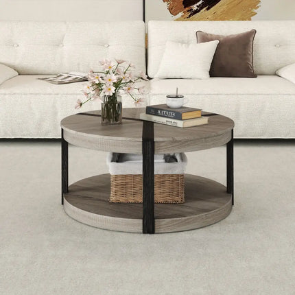 34.5" Rubber Wood 2-Tier Round Center Table with Spacious Tabletop and Storage Shelf-Gray Costway