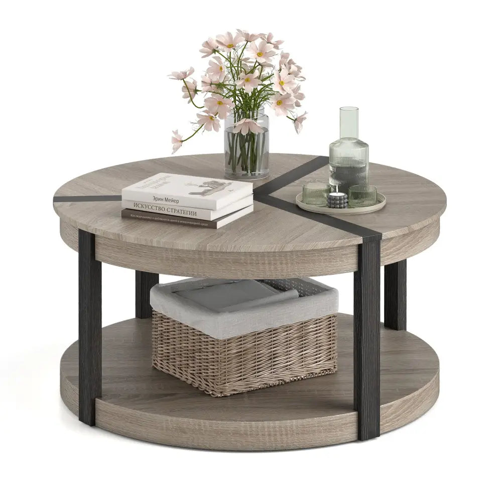 34.5’’ Rubber Wood 2-Tier Round Center Table with Spacious Tabletop and Storage Shelf-Gray - Gray - Coffee Tables