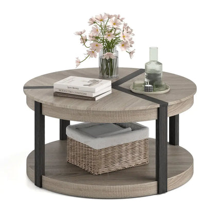 34.5" Rubber Wood 2-Tier Round Center Table with Spacious Tabletop and Storage Shelf-Gray Costway