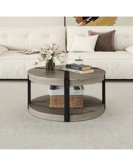 34.5’’ Rubber Wood 2-Tier Round Center Table with Spacious Tabletop and Storage Shelf-Gray - Gray - Coffee Tables