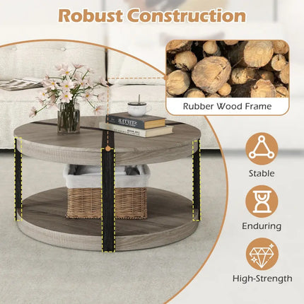 34.5" Rubber Wood 2-Tier Round Center Table with Spacious Tabletop and Storage Shelf-Gray Costway