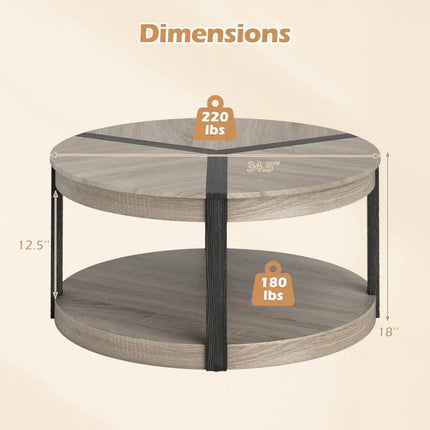 34.5" Rubber Wood 2-Tier Round Center Table with Spacious Tabletop and Storage Shelf-Gray Costway