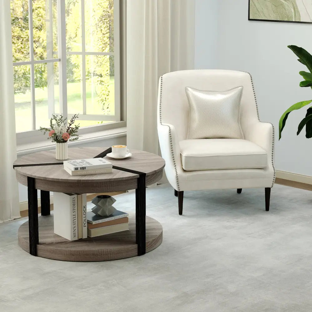 34.5’’ Rubber Wood 2-Tier Round Center Table with Spacious Tabletop and Storage Shelf-Gray - Gray - Coffee Tables