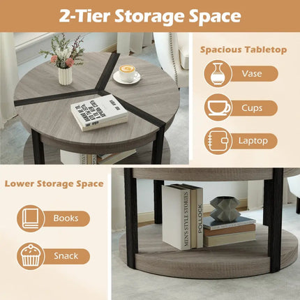 34.5" Rubber Wood 2-Tier Round Center Table with Spacious Tabletop and Storage Shelf-Gray Costway