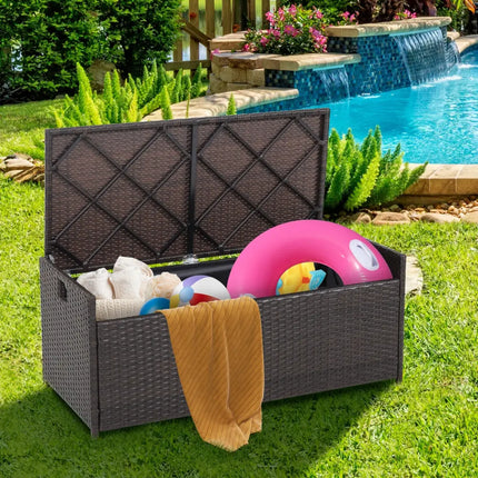 34 Gallon Patio Storage Bench with Seat Cushion and Zippered Liner - Brown - Garages