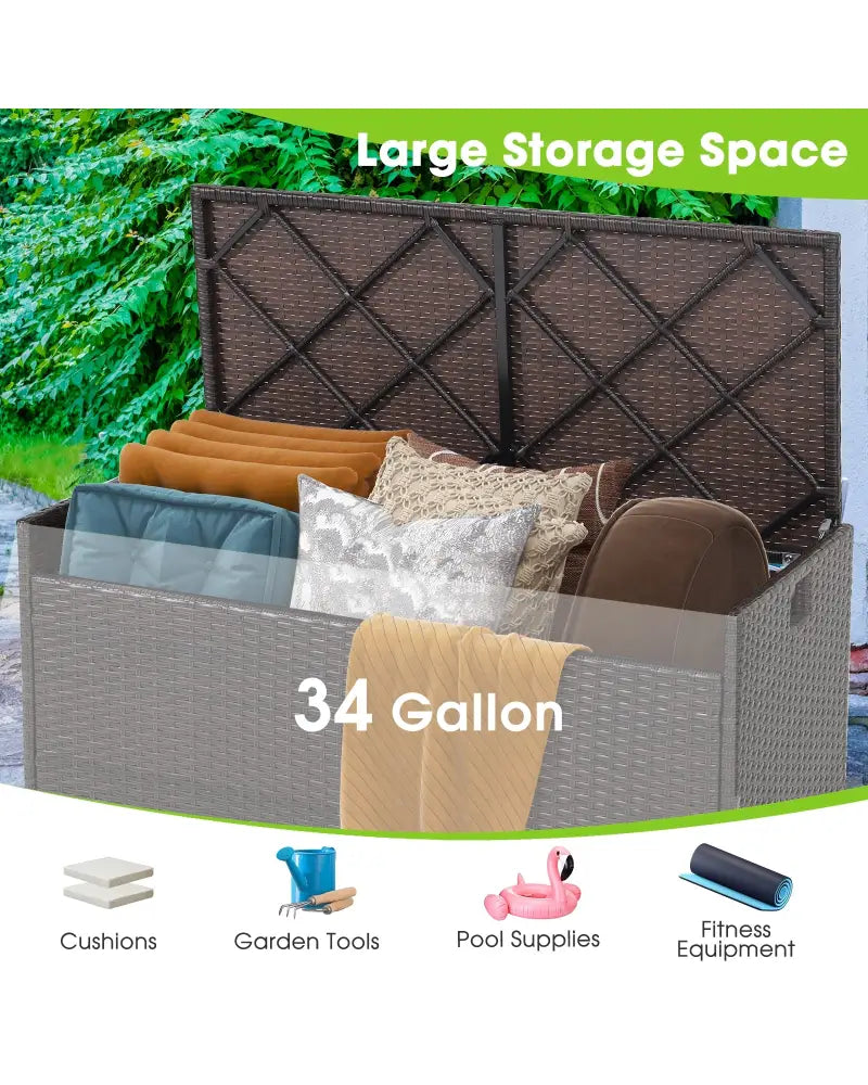 34 Gallon Patio Storage Bench with Seat Cushion and Zippered Liner - Brown - Garages