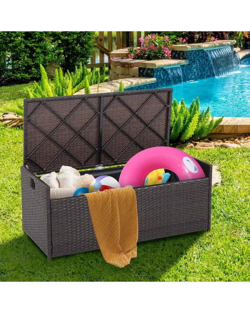 34 Gallon Patio Storage Bench with Seat Cushion and Zippered Liner - Brown - Garages