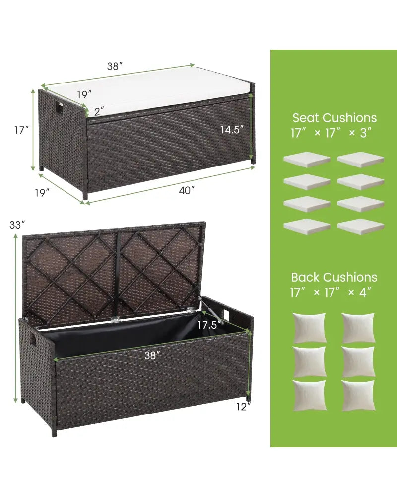 34 Gallon Patio Storage Bench with Seat Cushion and Zippered Liner - Brown - Garages