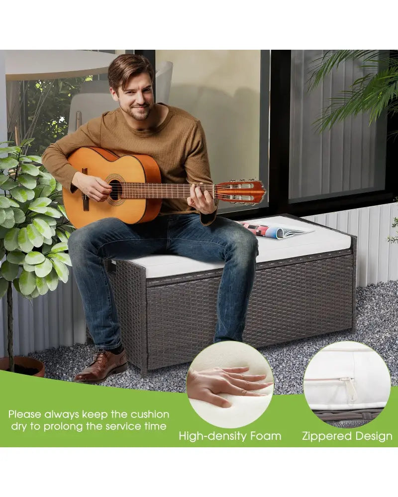 34 Gallon Patio Storage Bench with Seat Cushion and Zippered Liner - Brown - Garages
