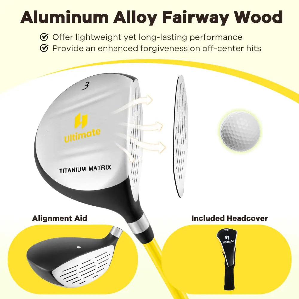34 Inch 165CC Junior #3 Fairway Wood Golf Club with Fiberglass Shaft for Kids Ages 8-10-Yellow - Yellow - Golf