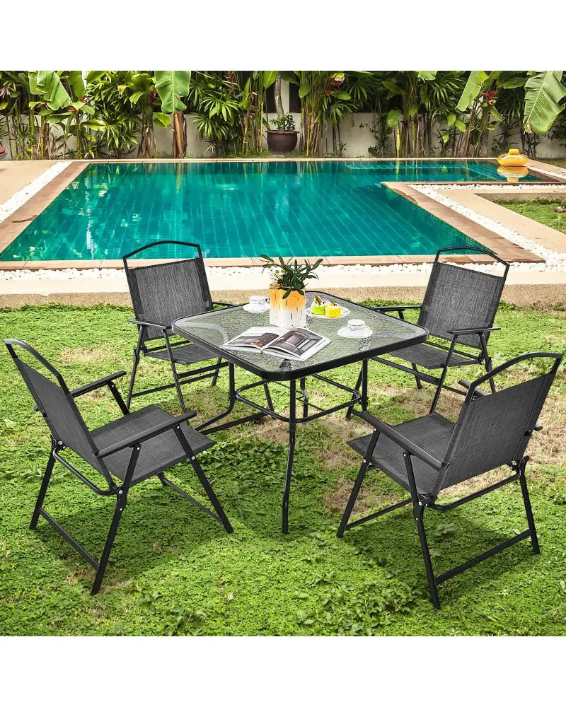 34 Inch Outdoor Dining Table Square Tempered Glass Table with 1.5 Inch Umbrella Hole-Black - Black - Patio Dining Tables