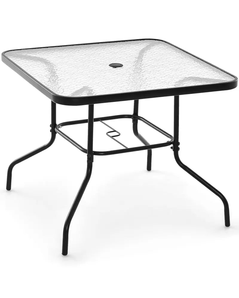 34 Inch Outdoor Dining Table Square Tempered Glass Table with 1.5 Inch Umbrella Hole-Black - Black - Patio Dining Tables