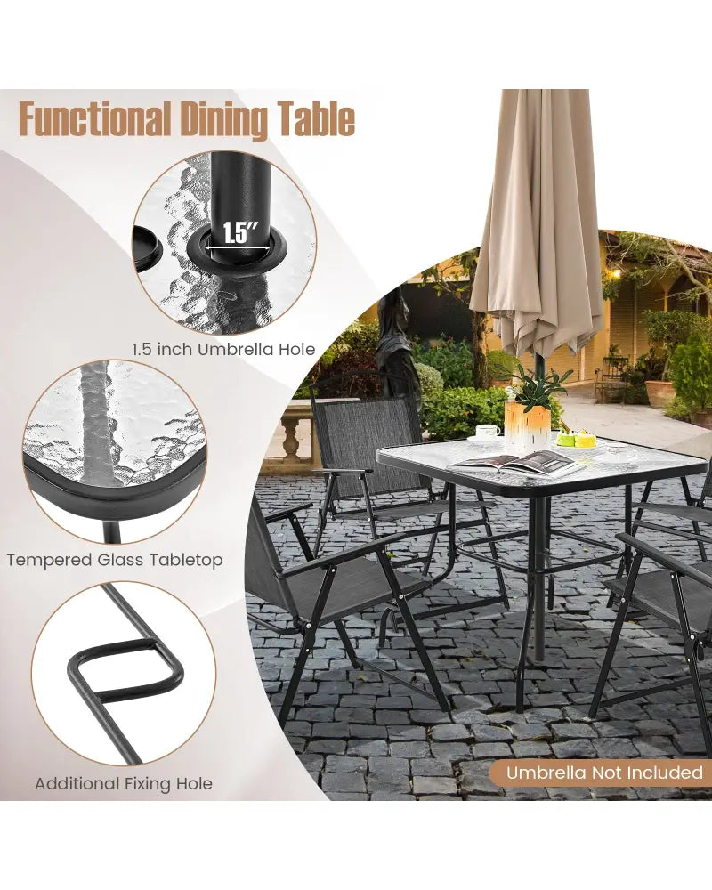 34 Inch Outdoor Dining Table Square Tempered Glass Table with 1.5 Inch Umbrella Hole-Black - Black - Patio Dining Tables