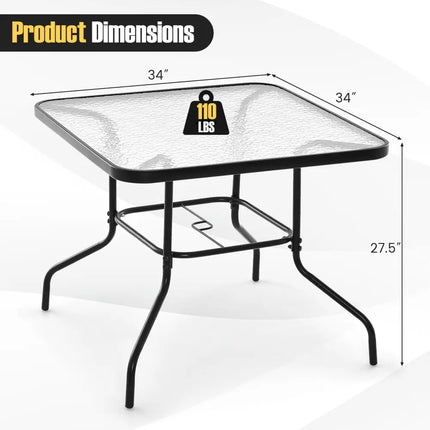 34 Inch Outdoor Dining Table Square Tempered Glass Table with 1.5 Inch Umbrella Hole-Black - Black - Patio Dining Tables
