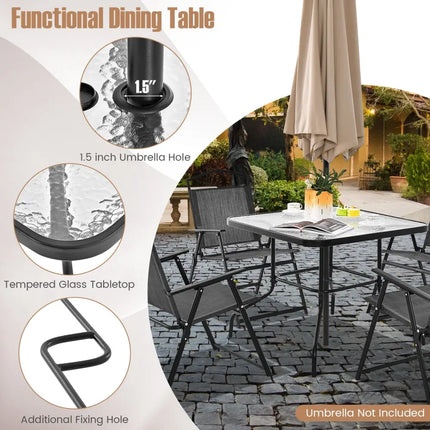 34 Inch Outdoor Dining Table Square Tempered Glass Table with 1.5 Inch Umbrella Hole-Black - Black - Patio Dining Tables