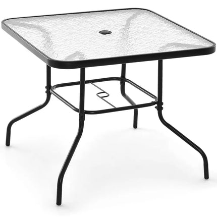 34 Inch Outdoor Dining Table Square Tempered Glass Table with 1.5 Inch Umbrella Hole-Black - Black - Patio Dining Tables