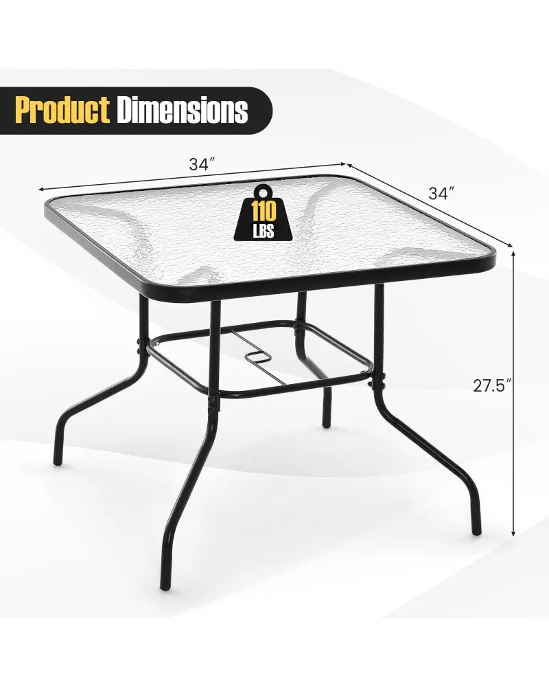 34 Inch Outdoor Dining Table Square Tempered Glass Table with 1.5 Inch Umbrella Hole-Black - Black - Patio Dining Tables