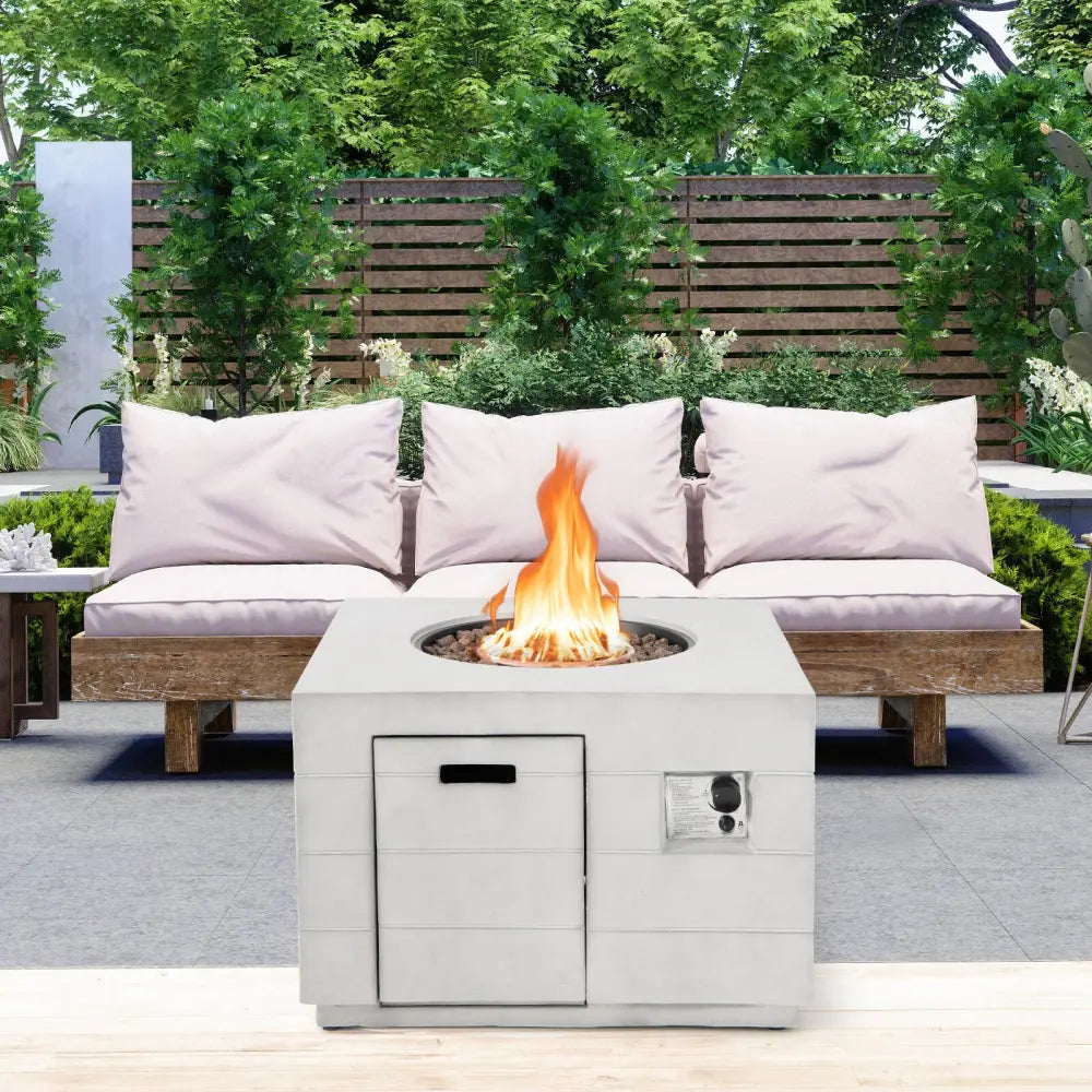 34 Inch Square Concrete Propane Fire Pit Table with Lava Rocks and Cover 50 000 BTU-Gray - Gray - Fire Pit Tables