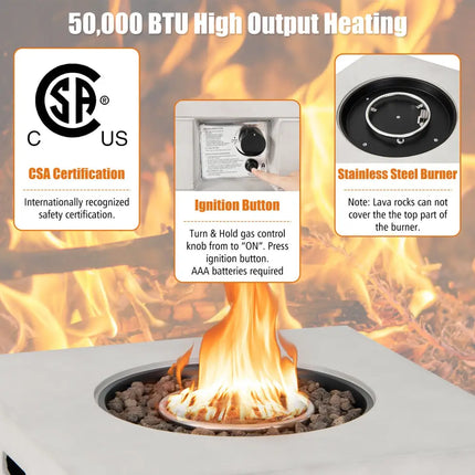 34 Inch Square Concrete Propane Fire Pit Table with Lava Rocks and Cover 50 000 BTU-Gray - Gray - Fire Pit Tables