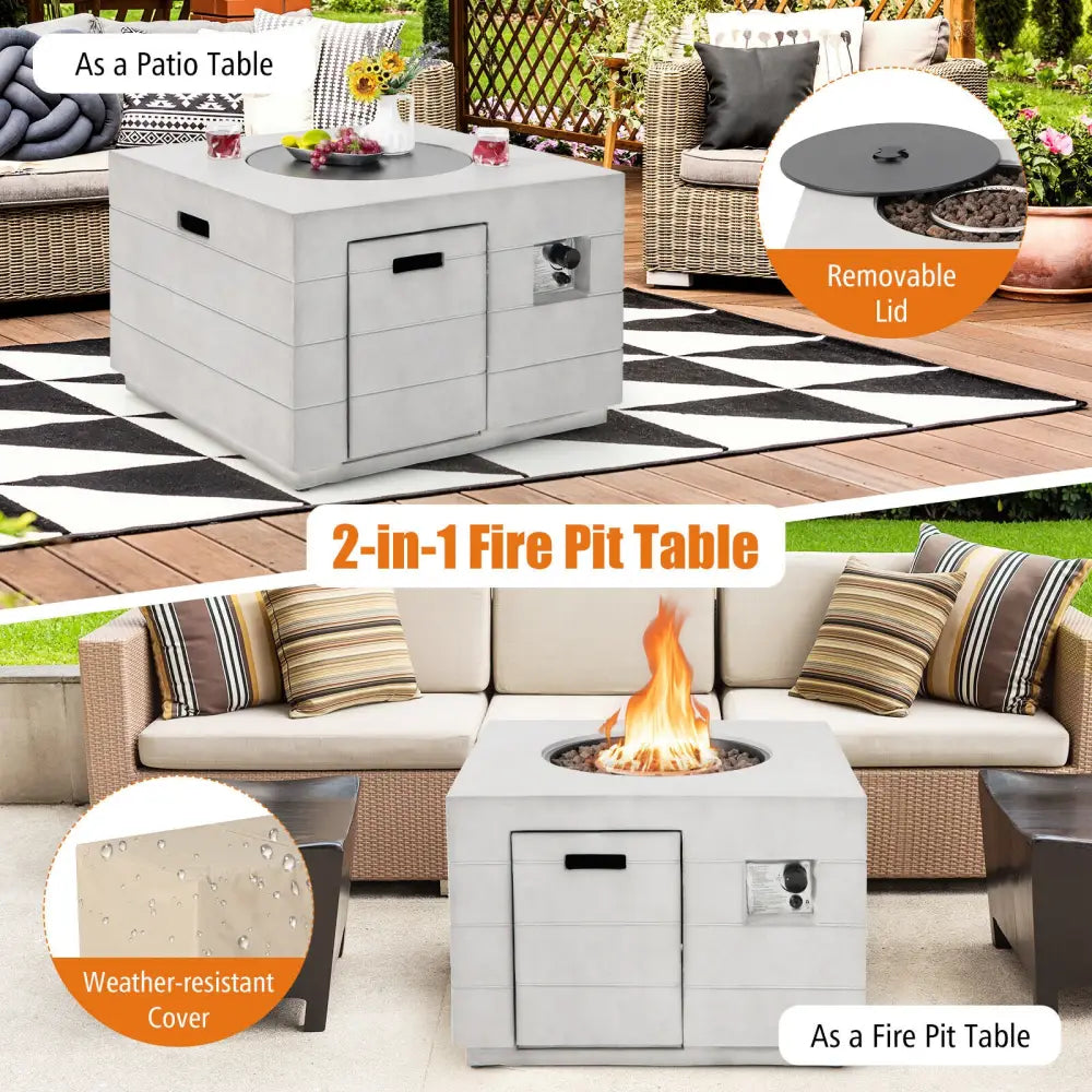 34 Inch Square Concrete Propane Fire Pit Table with Lava Rocks and Cover 50 000 BTU-Gray - Gray - Fire Pit Tables
