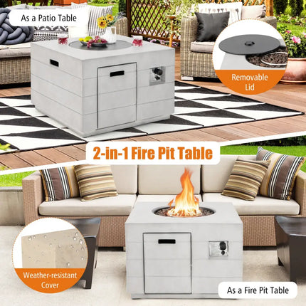 34 Inch Square Concrete Propane Fire Pit Table with Lava Rocks and Cover 50 000 BTU-Gray - Gray - Fire Pit Tables
