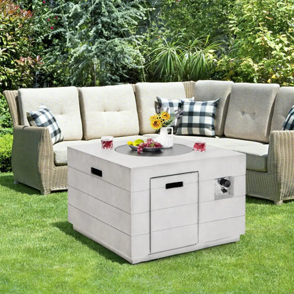 34 Inch Square Concrete Propane Fire Pit Table with Lava Rocks and Cover 50 000 BTU-Gray - Gray - Fire Pit Tables