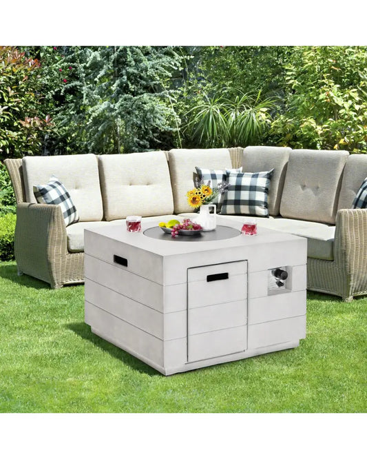 34 Inch Square Concrete Propane Fire Pit Table with Lava Rocks and Cover 50 000 BTU-Gray - Gray - Fire Pit Tables