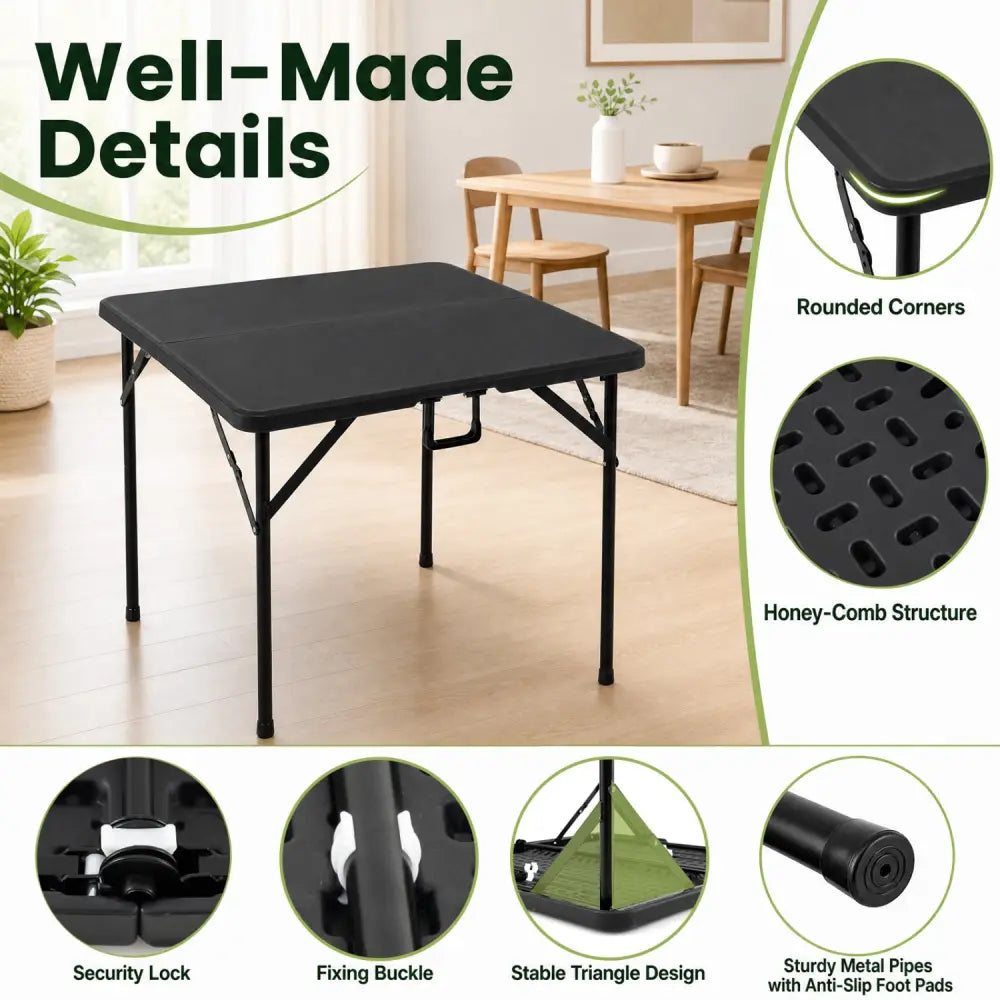34 Inch Square Foldable Card Table with Carrying Handle-Black - Black - Picnic Tables