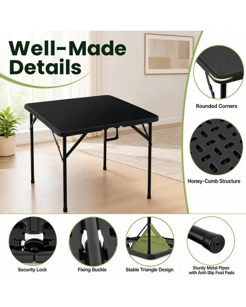 34 Inch Square Foldable Card Table with Carrying Handle-Black - Black - Picnic Tables
