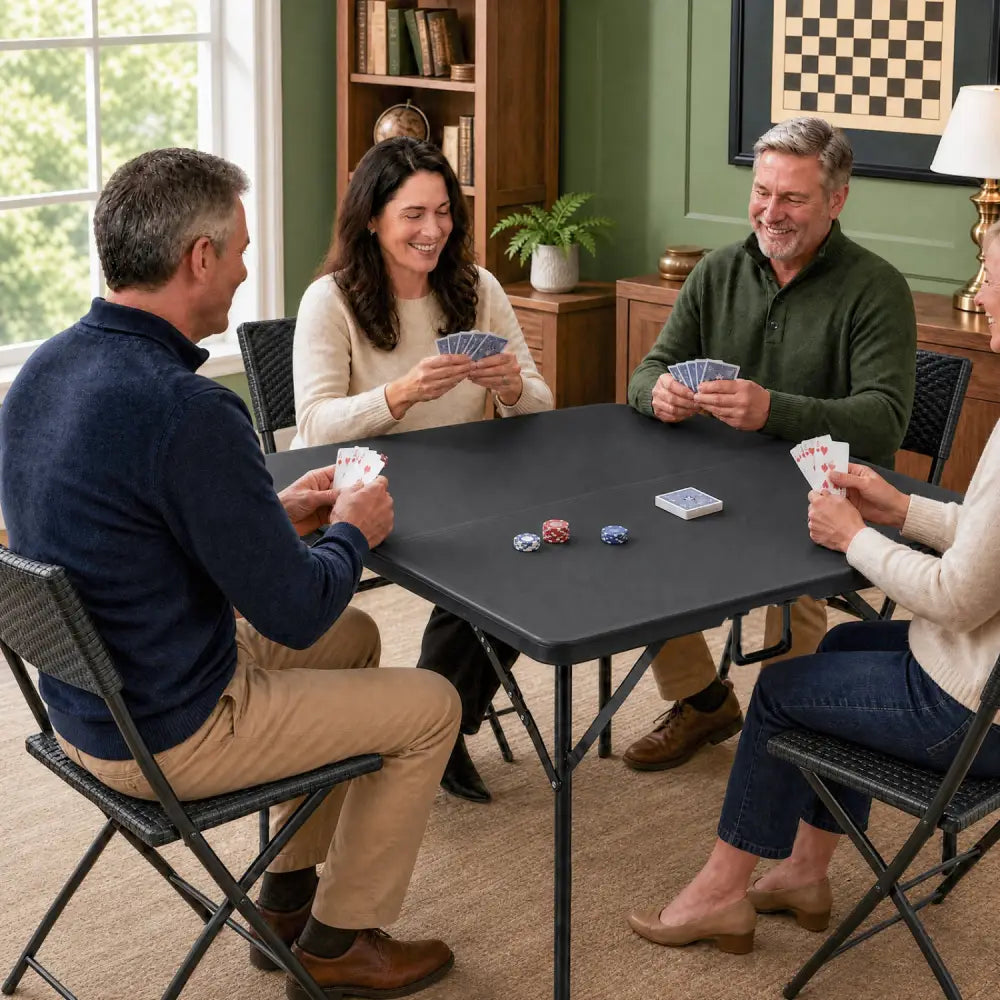 34 Inch Square Foldable Card Table with Carrying Handle-Black - Black - Picnic Tables