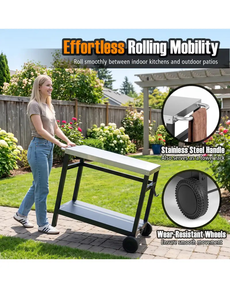 34’’ x 20’’ Double-Shelf Grill Table with Steel Top-Black - Black - Outdoor Grills