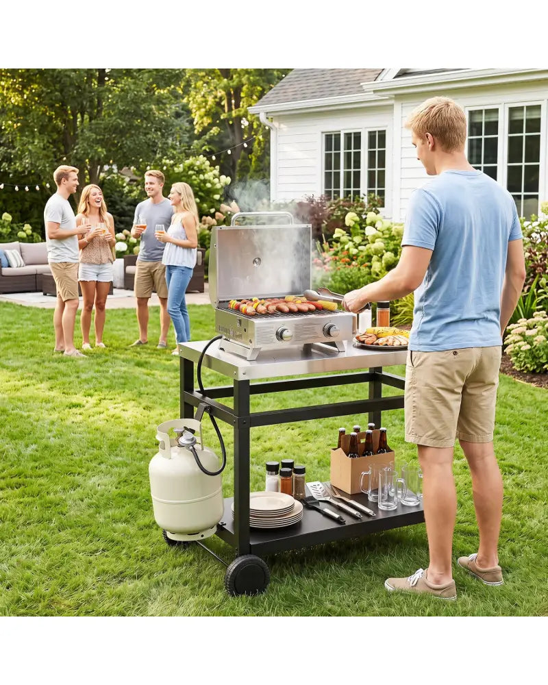 34’’ x 20’’ Double-Shelf Grill Table with Steel Top-Black - Black - Outdoor Grills