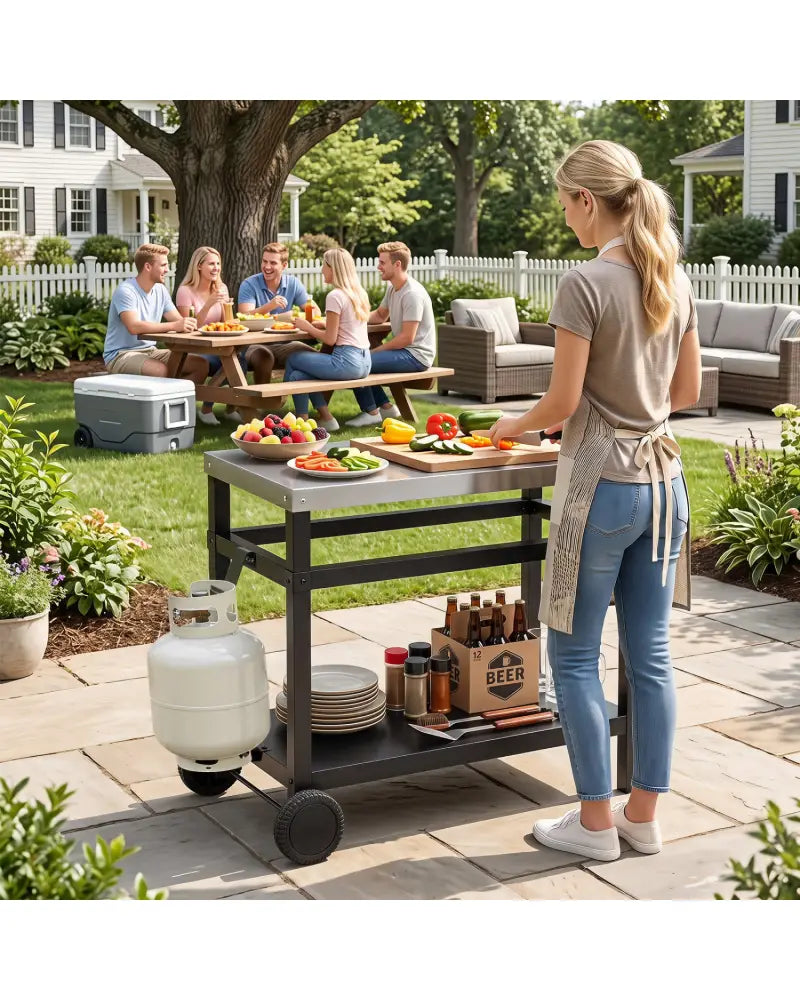 34’’ x 20’’ Double-Shelf Grill Table with Steel Top-Black - Black - Outdoor Grills